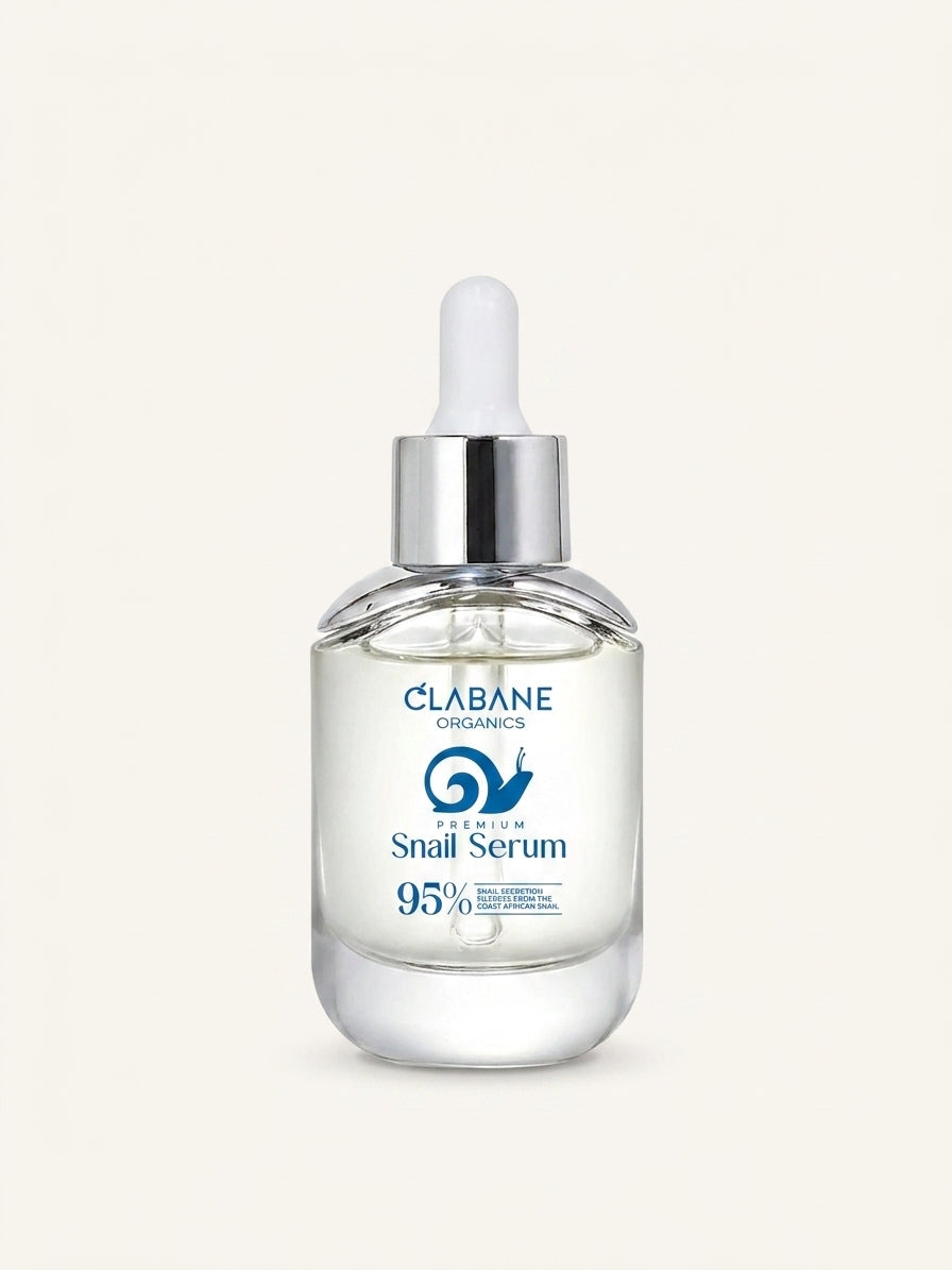 A bottle of Clabane Organics Snail Serum with a clear glass body, white dropper cap, and blue printed text and logo, centered on a light cream background.