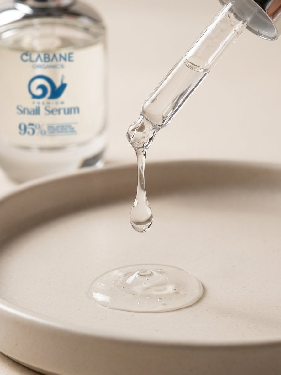 A glass dropper holding a clear liquid above a beige dish, with a bottle labeled Clabane Organics Premium Snail Serum in the soft-focus background.