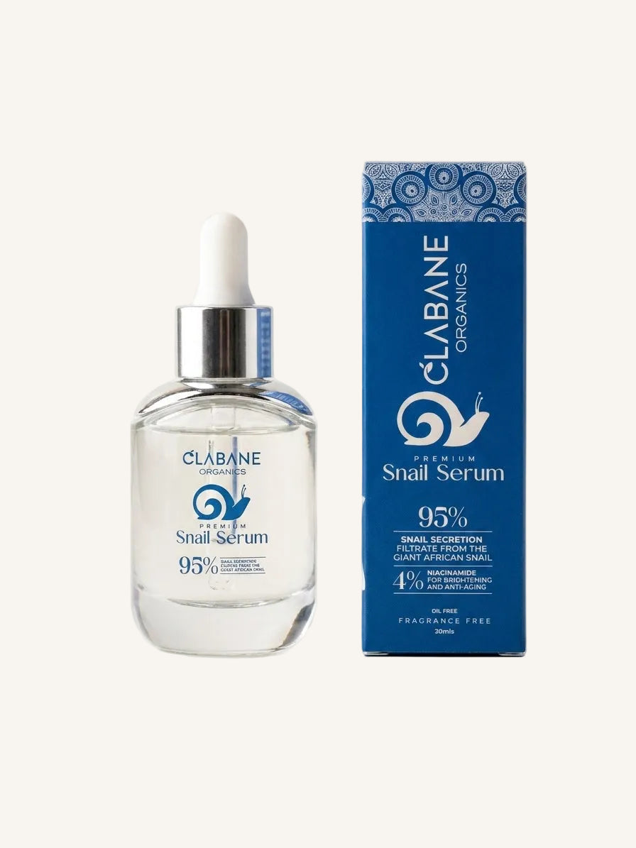 Clabane Organics Snail Serum bottle with dropper next to its blue packaging box on a clean white background.