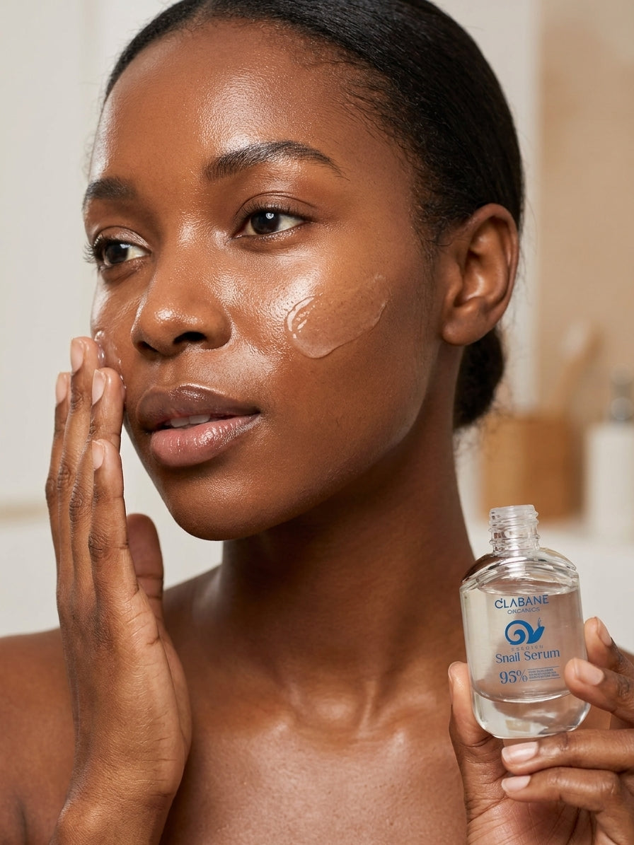 A woman with a clear skincare serum on her cheek holds a bottle of Clabane Snail Serum 95% pure in her other hand, set against a softly blurred warm bathroom background.