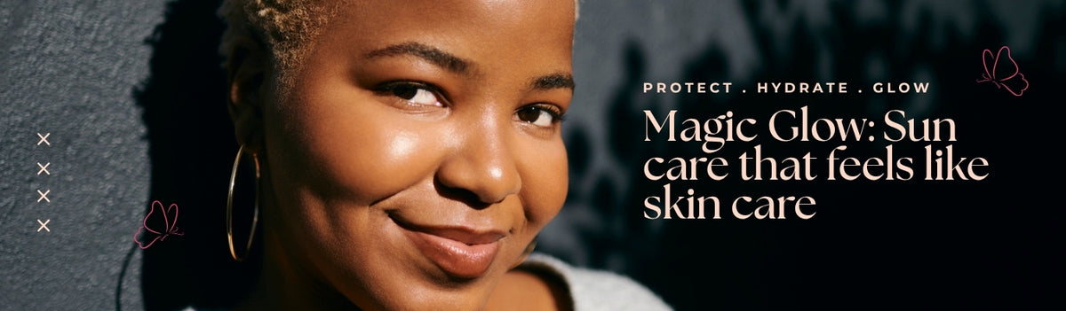 A close-up lifestyle portrait of a smiling woman with short blonde hair and gold hoop earrings, set against a dark textured background with promotional text reading 'PROTECT . HYDRATE .
