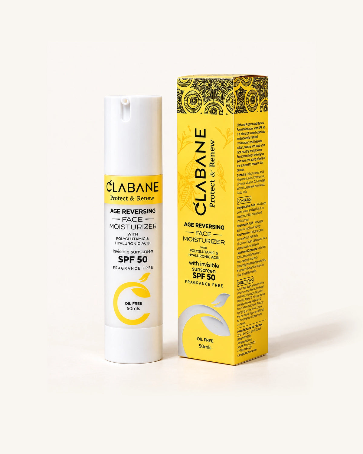 A white cylindrical bottle and a yellow rectangular box of Clabane Age Reversing Face Moisturizer SPF 50, photographed on a clean white studio background.