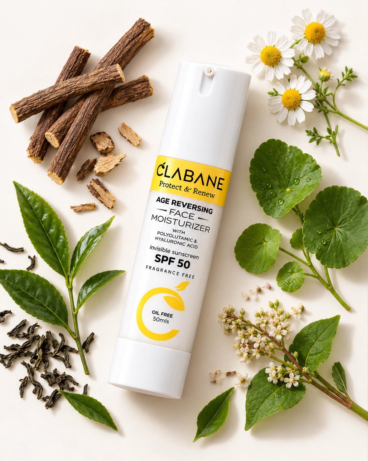 A white bottle of Clabane Age Reversing Face Moisturizer SPF 50, styled in a flat lay with natural ingredients including green tea leaves, chamomile, Japanese knot weed, on a light cream background.