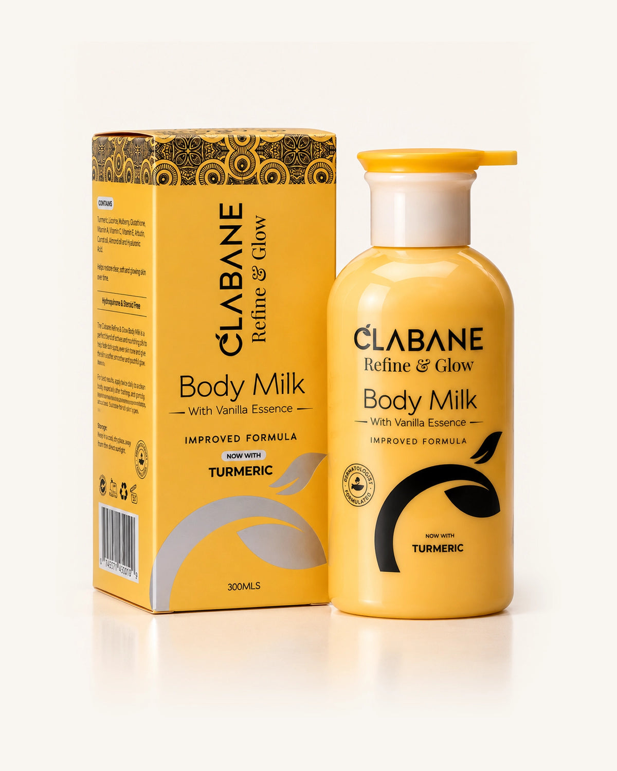 A bottle and box of Clabane Body Milk with Vanilla Essence and Turmeric, shown on a clean white background.