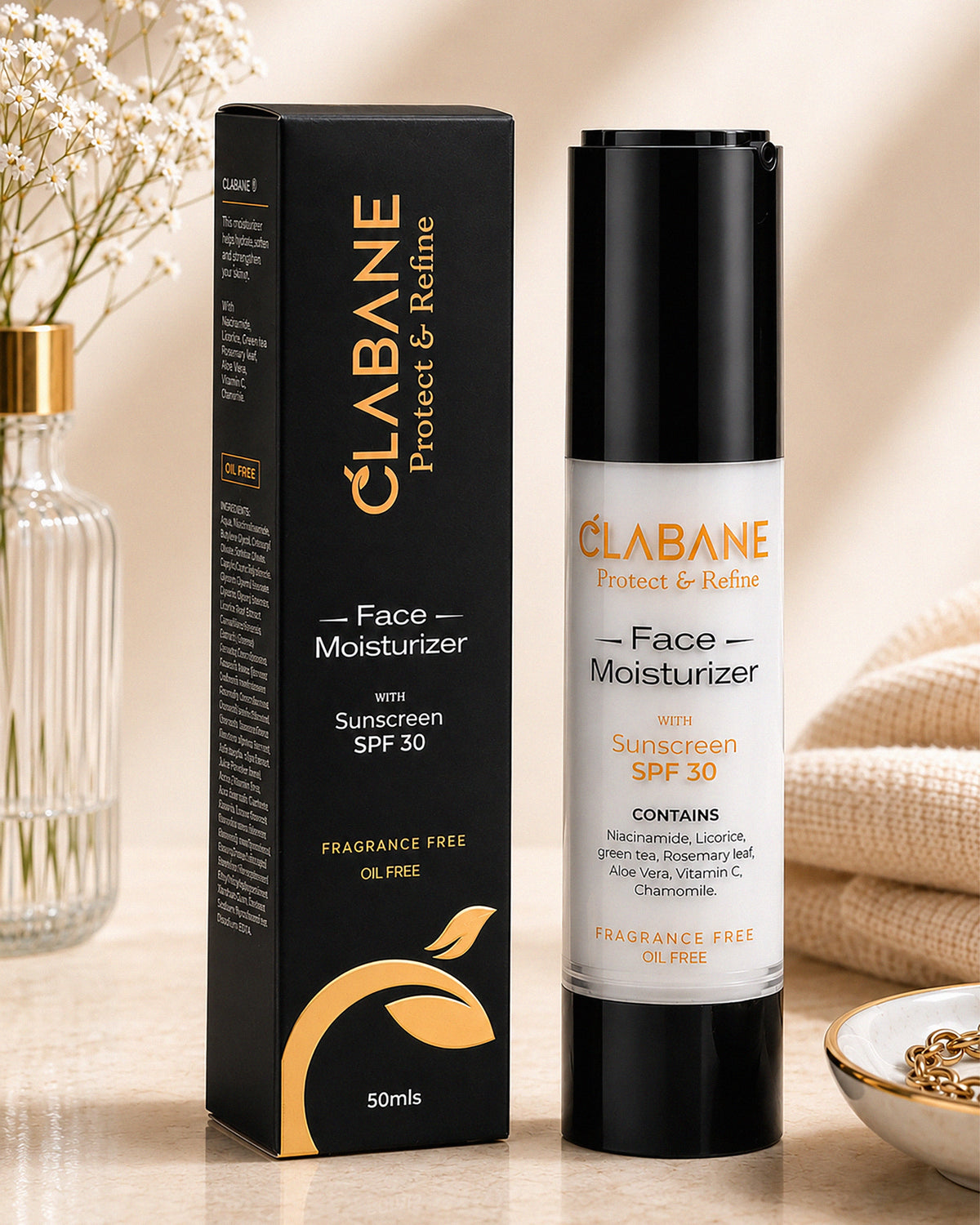 Clabane Protect & Refine Face Moisturizer with Sunscreen SPF 30 shown as a black and white squeeze bottle next to its black packaging box, styled on a marble surface with decorative props.