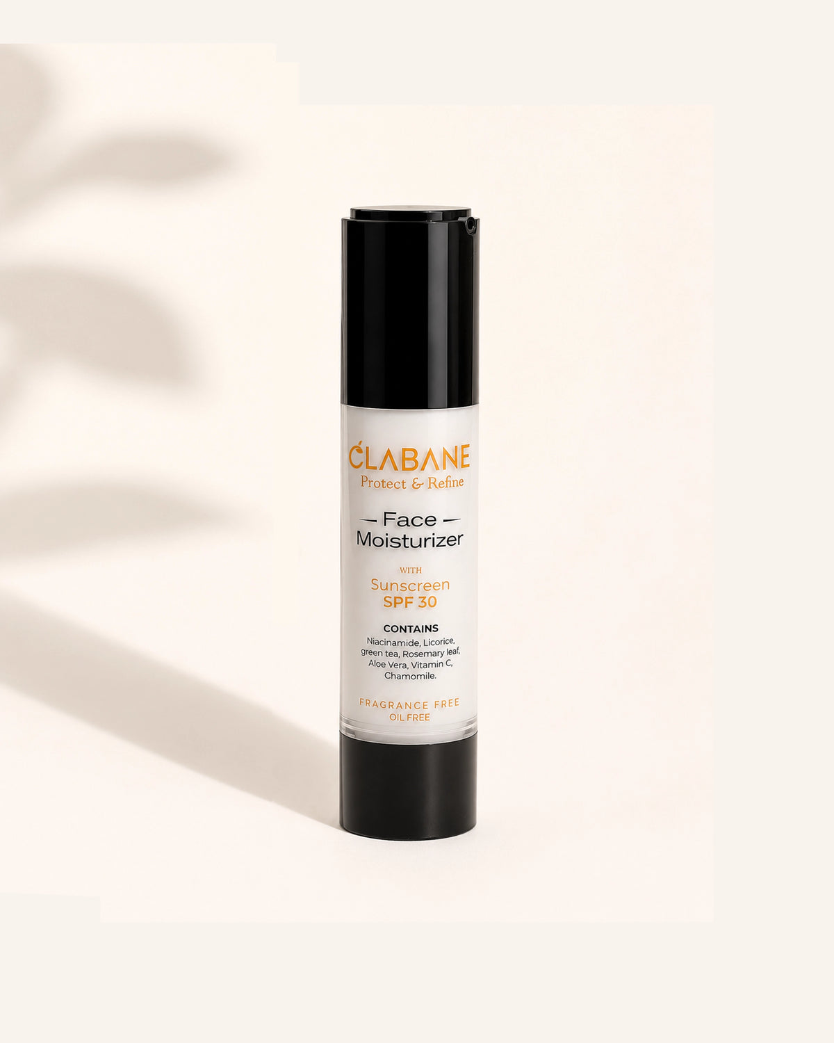 A single bottle of Clabane Professionnel Face Moisturizer SPF 30 sunscreen, featuring a black cap and base with a white label, set against a warm off-white background with soft leaf shadows.