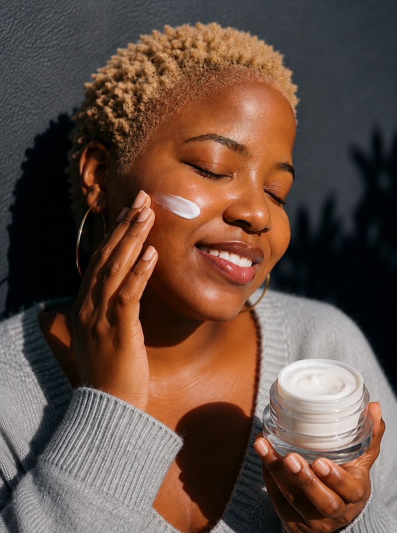 A woman with short blonde hair applies white cream to her cheek while holding an open jar of Clabane Magic glow SPF 50 cream. She is wearing a gray knit sweater and large hoop earrings against a dark textured wall with strong sunlight and shadows.