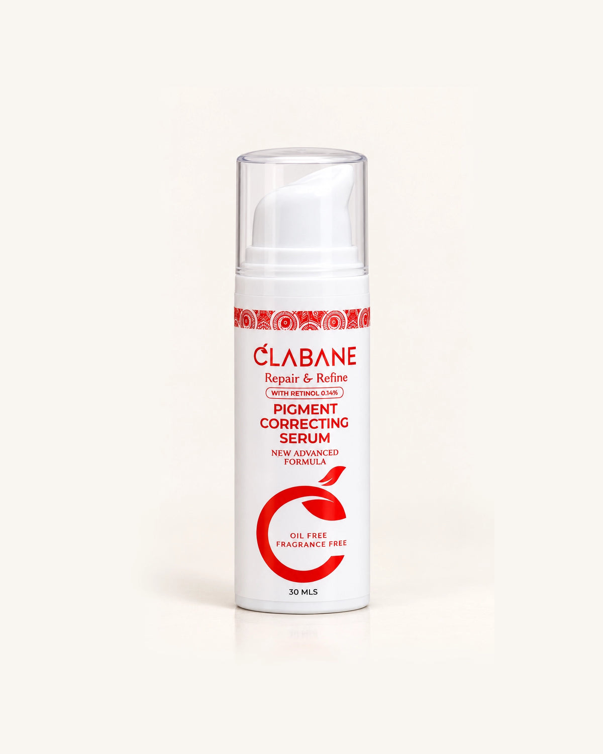 A 30 ml white pump bottle of Clabane Pigment Correcting Serum with red and black text, set against a clean off-white background.