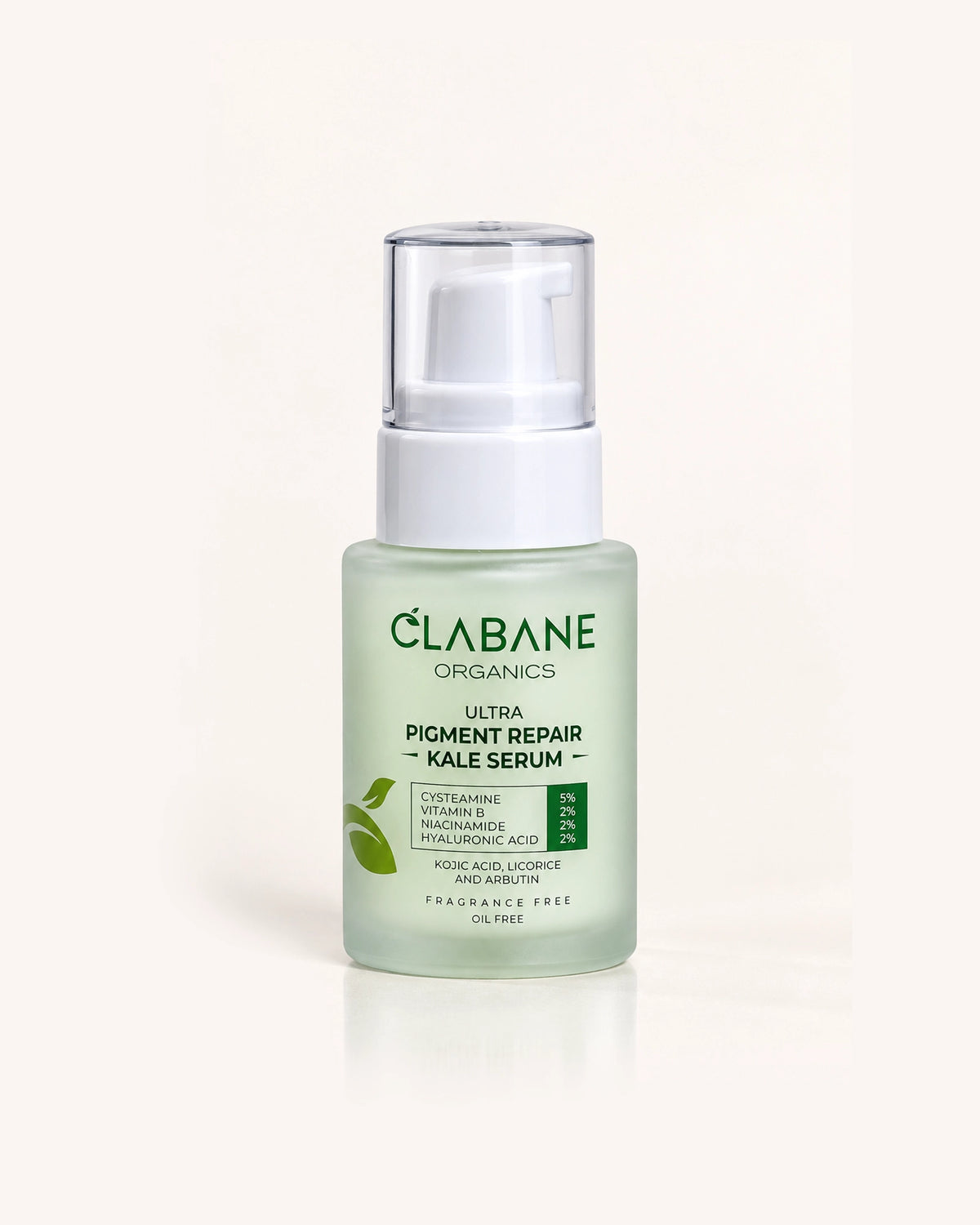 A bottle of Clabane Organics Ultra Pigment Repair Kale Serum, featuring a light green translucent bottle, white pump dispenser, and clear cap, set against a clean off-white background with a soft reflection.
