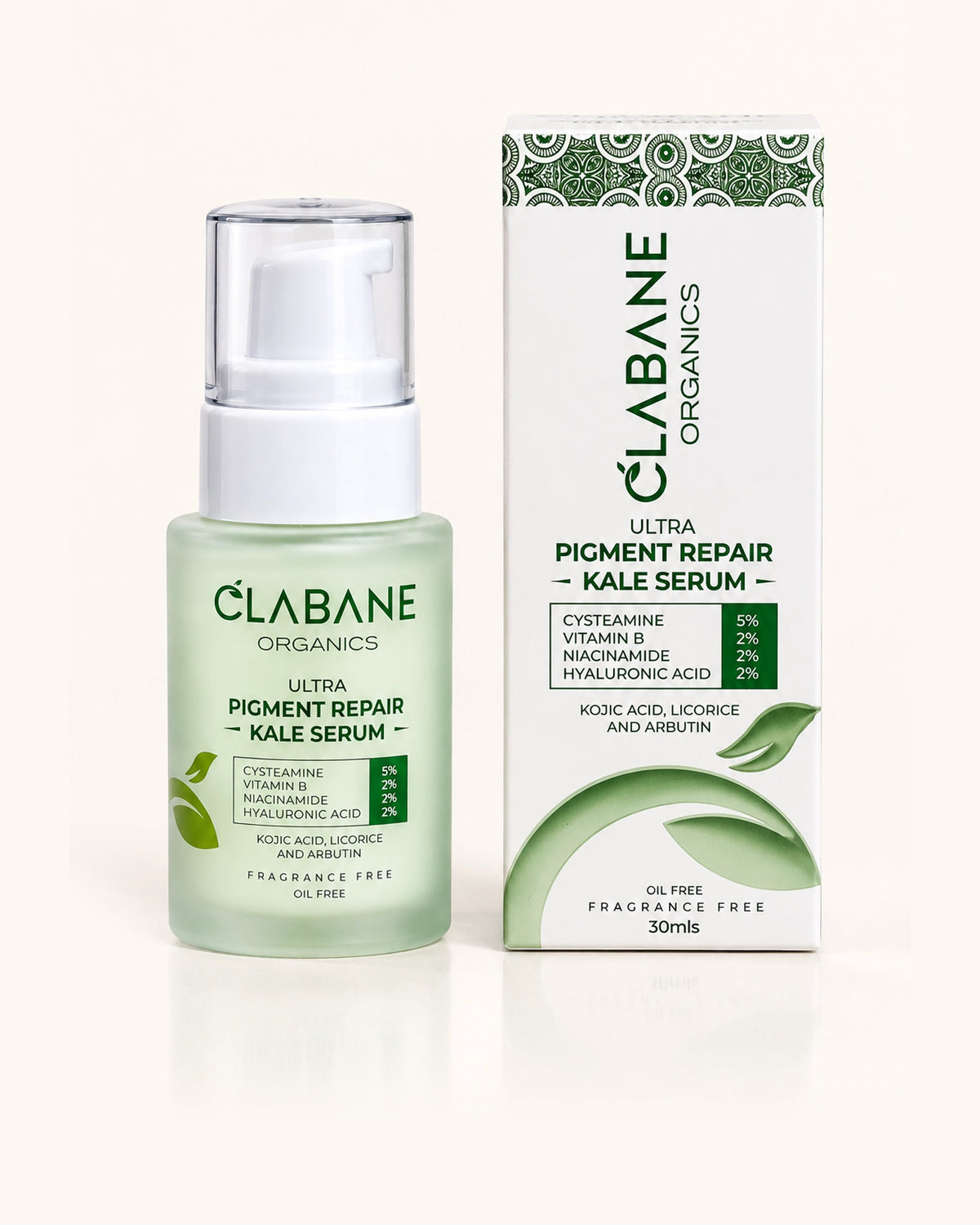 Clabane Organics Ultra Pigment Repair Kale Serum bottle next to its product box, set against a clean off-white background.