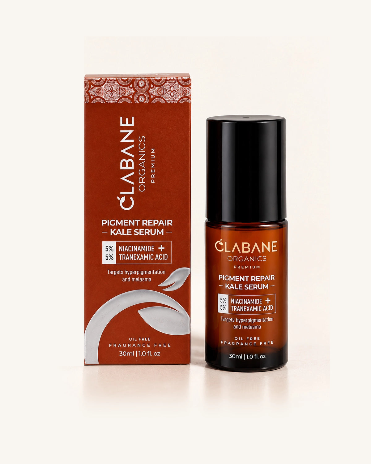 Clâbane Organics Premium Pigment Repair Kale Serum shown next to its brown packaging box on a clean white background.