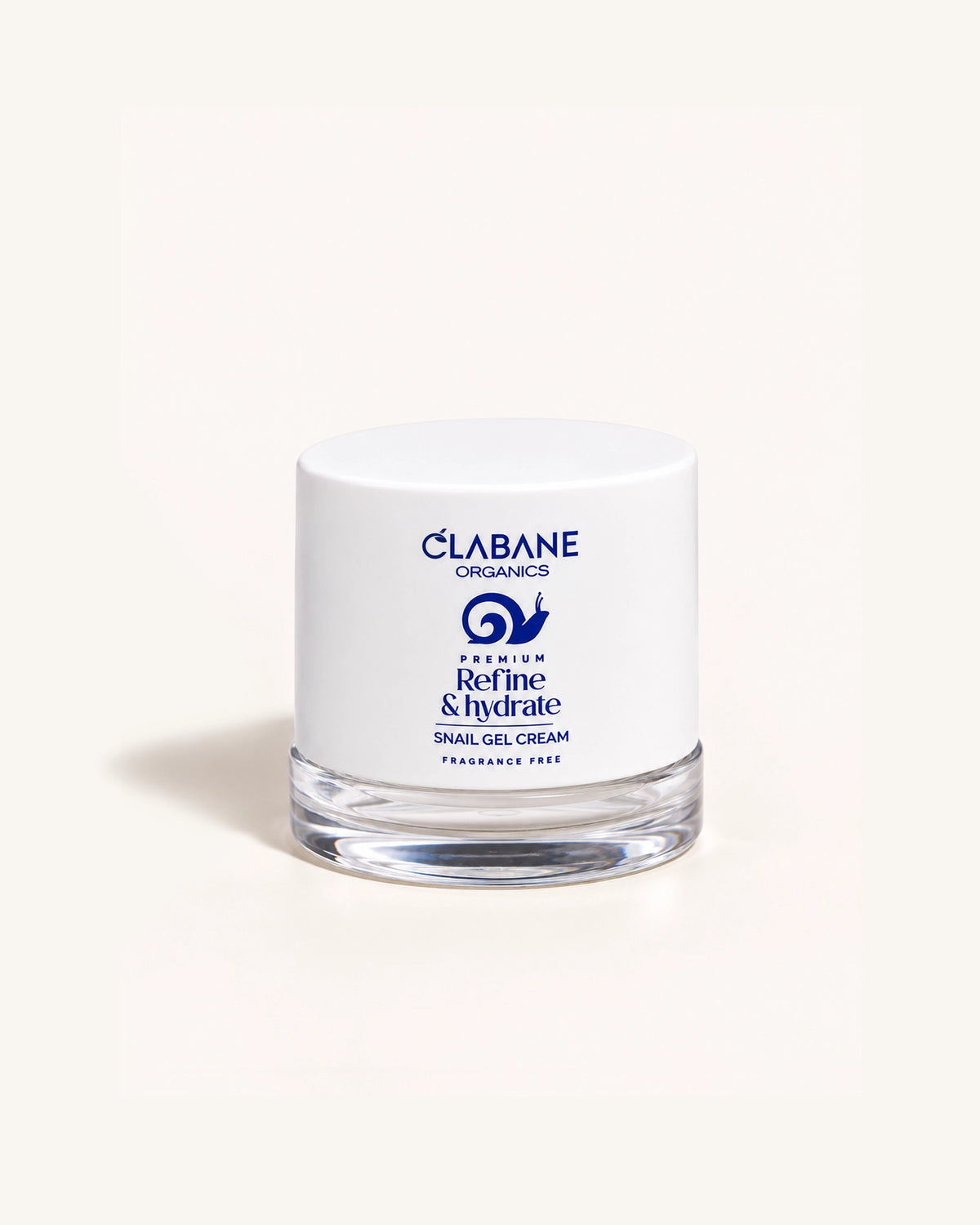 A white jar of Clabane Organics Premium Refine & Hydrate Snail Gel Cream with a clear glass base, set against a clean off-white background.