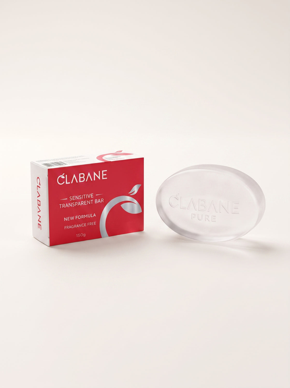 A clear oval sensitive transparent bar soap next to its red and white Clabane packaging box on a clean white background.