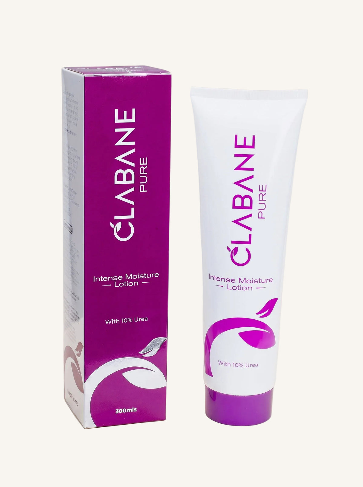 A 300ml squeeze tube and matching box of Clabane Pure Intense Moisture Lotion with 10% Urea, shown on a solid light beige background.