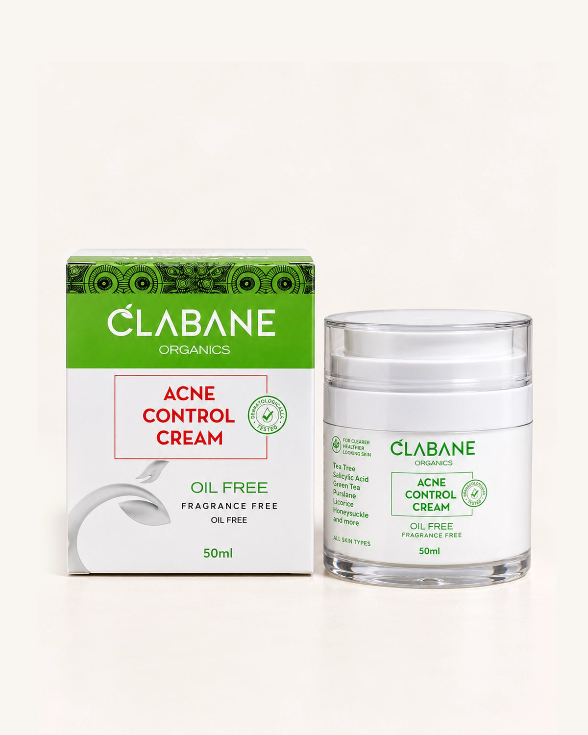 Clabane Organics Acne Control Cream shown with its green and white product box and a clear jar with a white lid on a clean white background.