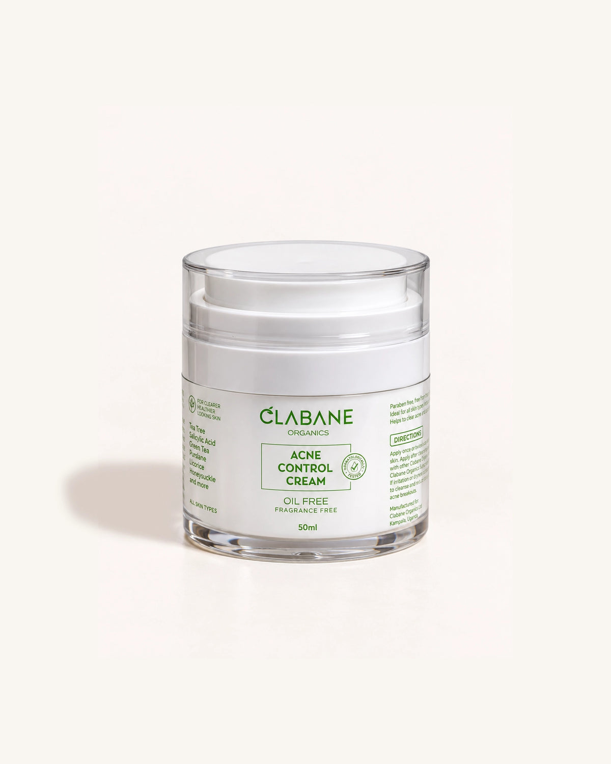 A 50ml clear plastic jar of Clabane Cosmetics Acne Control Cream with a white lid and white label featuring green text, set against a clean off-white background.