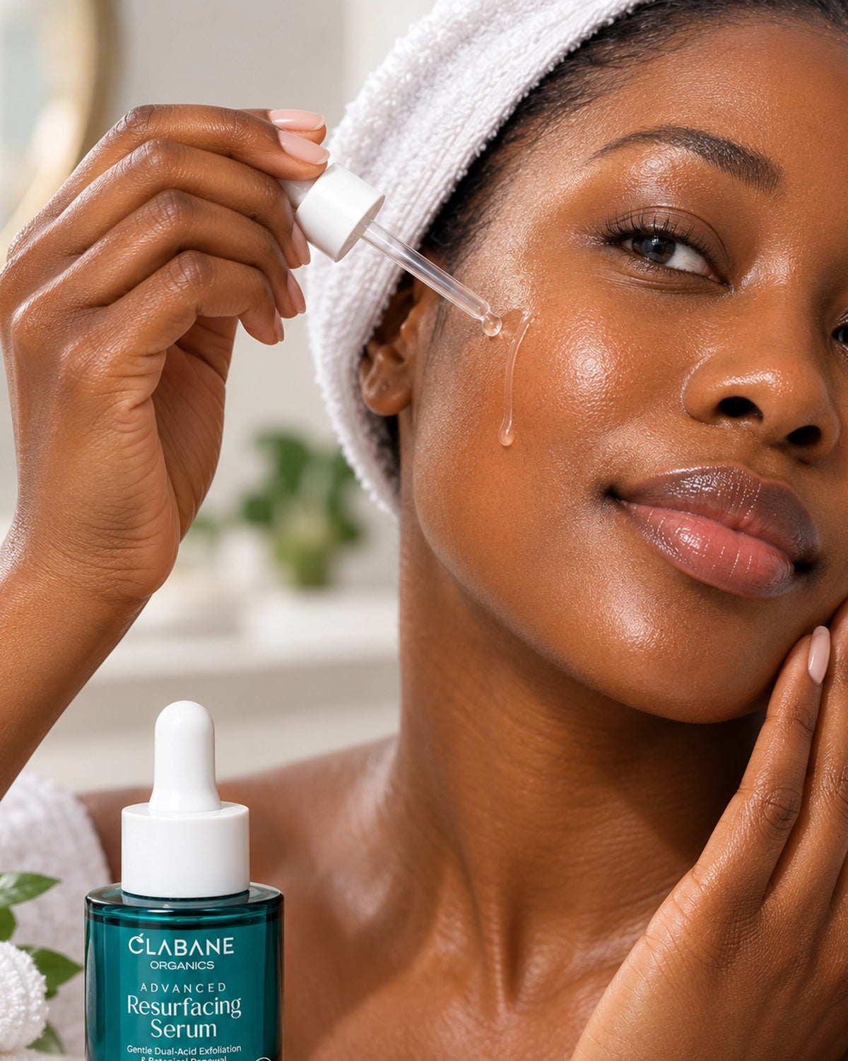 A woman with a white towel wrapped around her hair applies a serum dropper to her cheek, with a bottle of Clabâne Advanced Resurfacing Serum shown in the foreground.