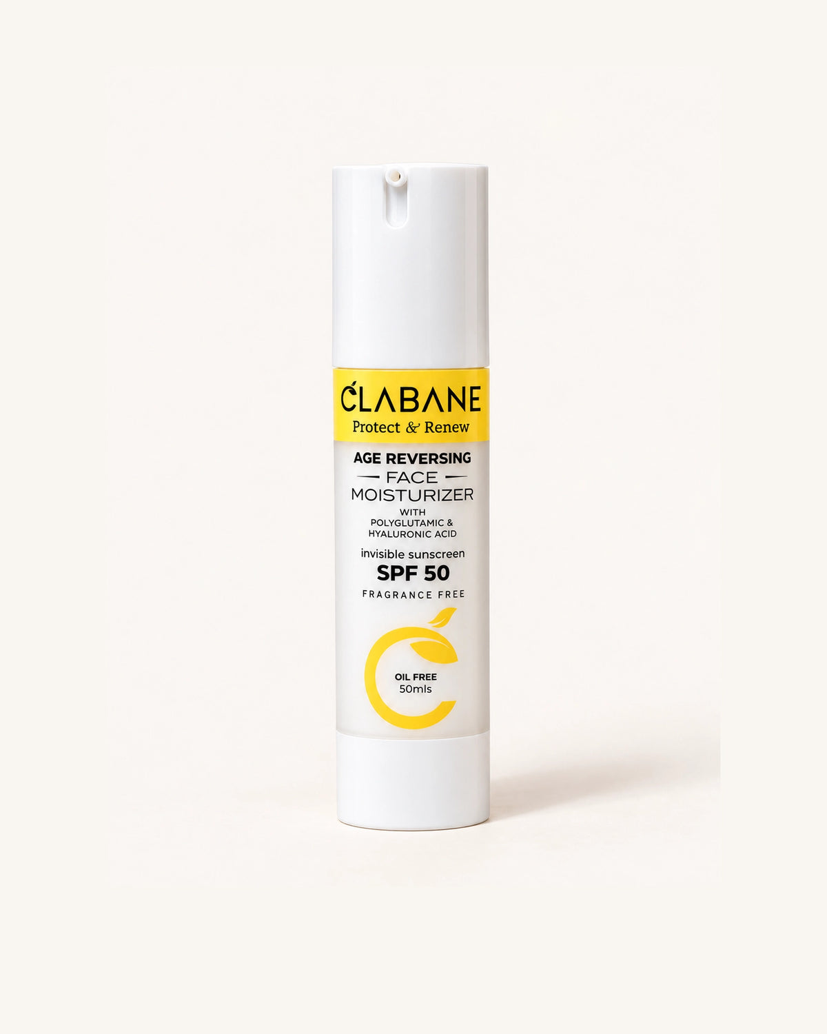 A white cylindrical pump bottle of Clabane Age Reversing Face Moisturizer SPF 50, featuring a yellow and black label, set against a solid off-white background.