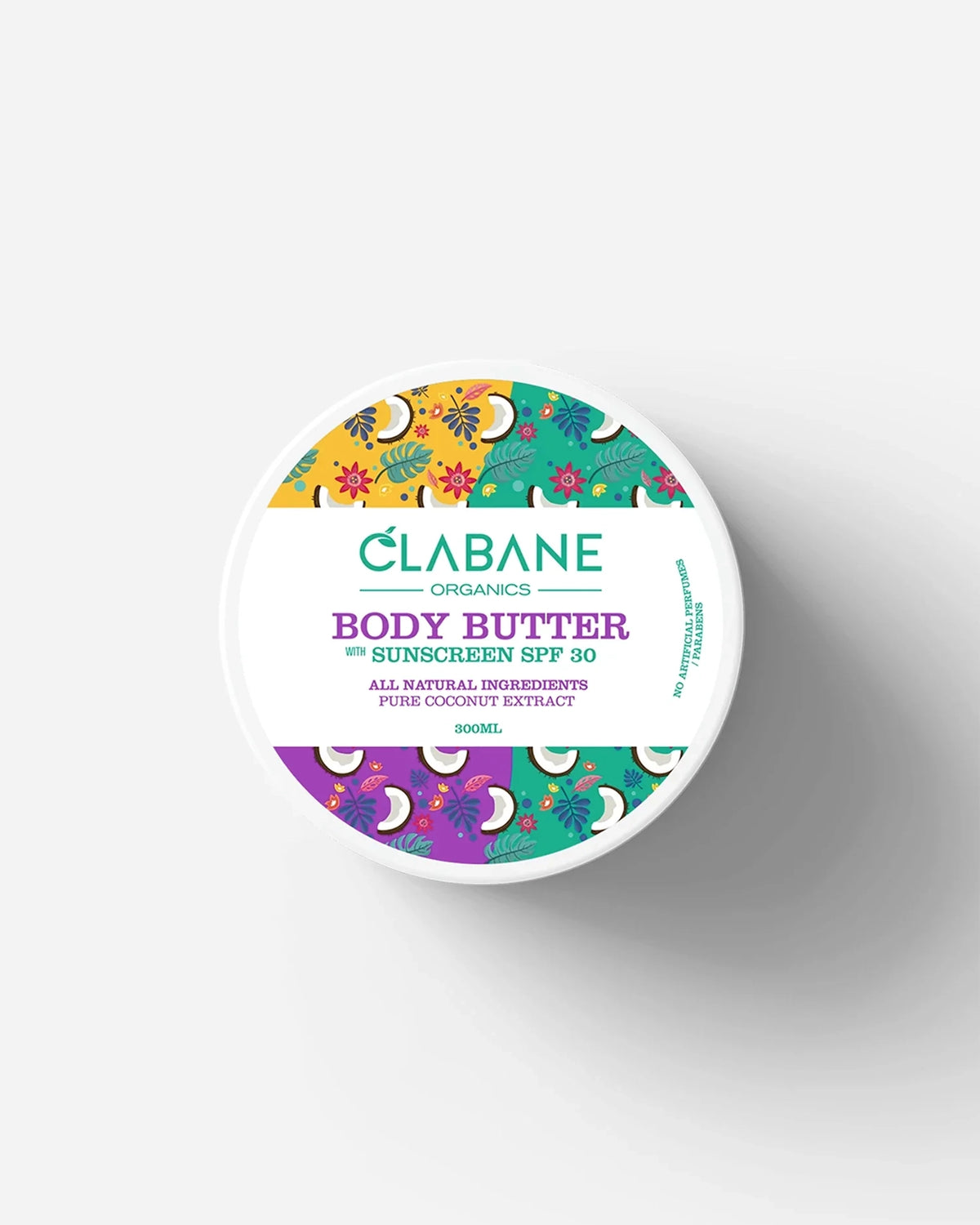 A round white tub of Clabane Organics Body Butter by sunscreen SPF 50, featuring a colorful tropical coconut pattern on the lid label, set against a clean white background with a soft shadow.