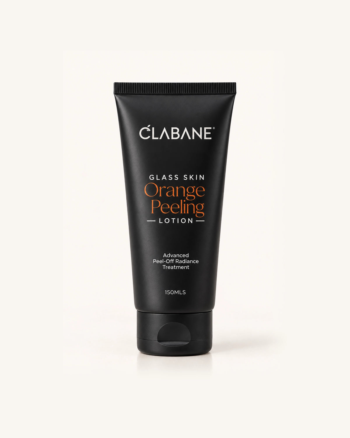 A 150ml black squeeze tube of Clabane Glass Skin Orange Peeling Lotion, standing upright on a clean, light beige background.