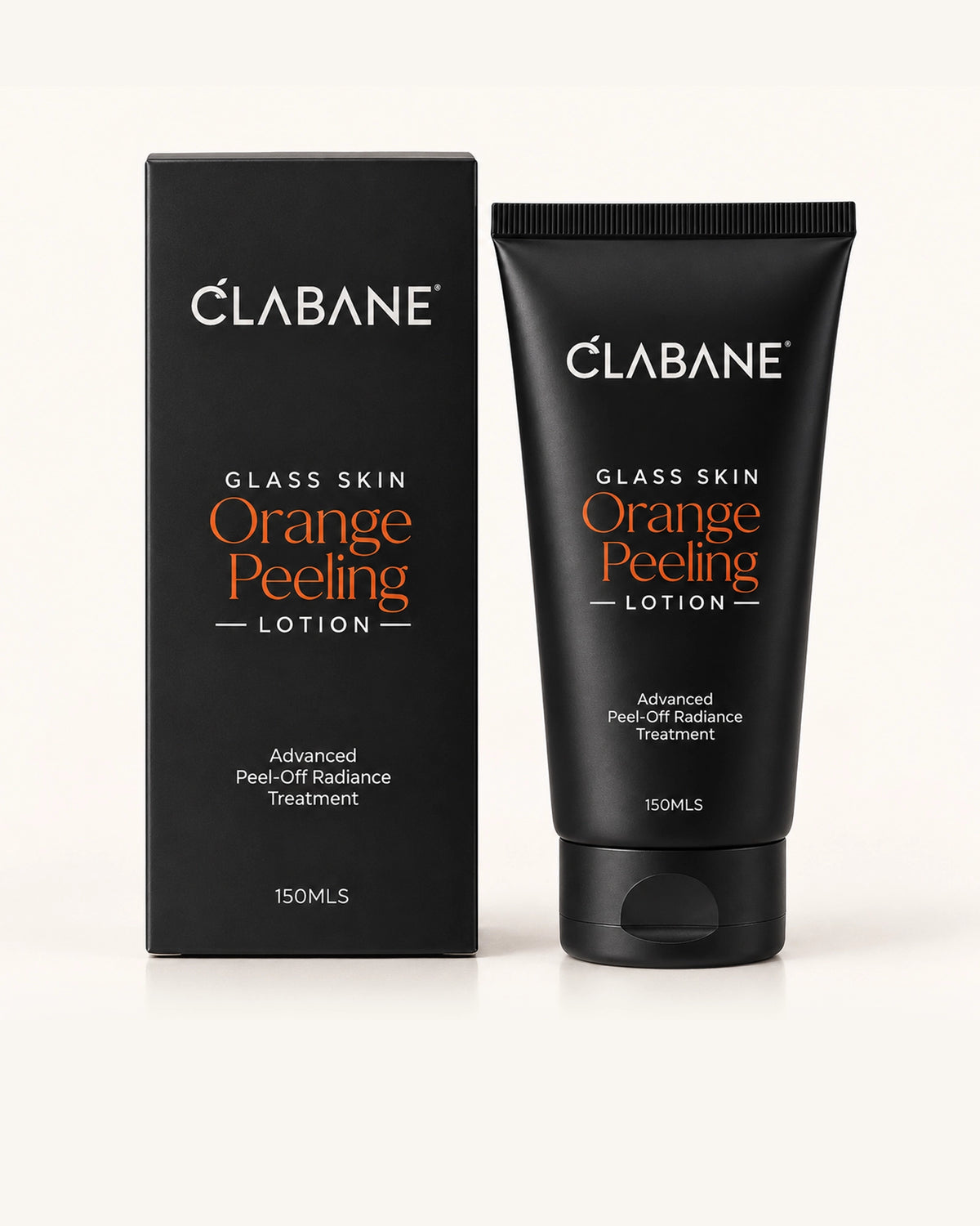 Clabane Orange Peeling Lotion shown as a black squeeze tube next to its matching black packaging box on a clean white background.