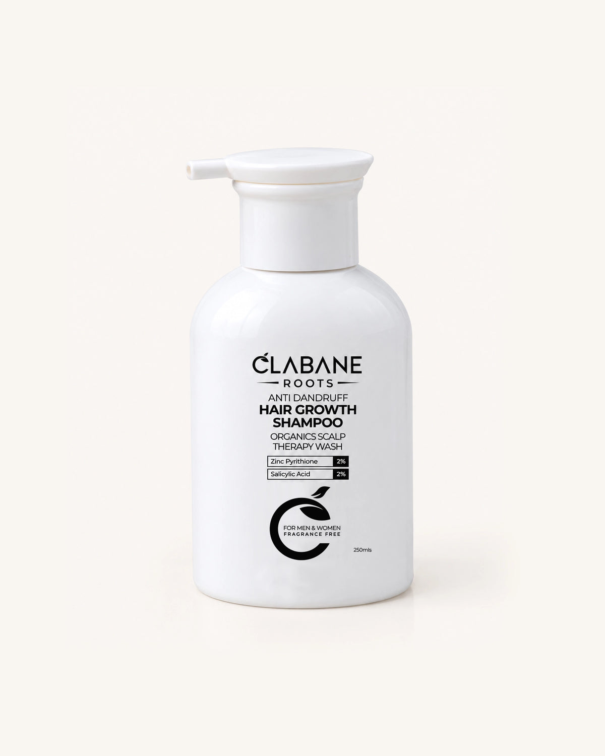 A white pump bottle of Clabane Roots Antidandruff Hair Growth Shampoo on a light beige background.