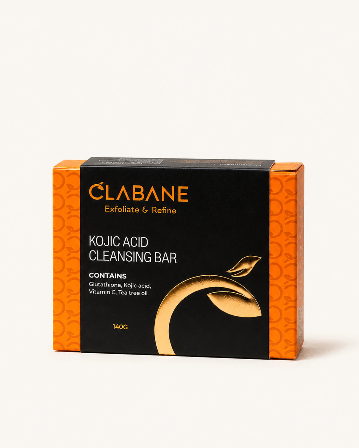 A boxed cleansing bar product on a clean white studio background. The package is black with orange side panels and a gold leaf graphic, with the brand name CLABANE and product text 'KOJIC ACID CLEANSING BAR' visible.