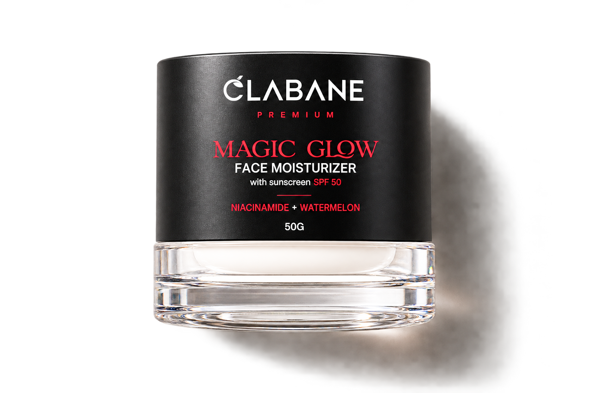 A 50g jar of Clabane Premium Magic Glow Face Moisturizer with sunscreen SPF 50. The product features a black label with white and red lettering, set in a clear glass jar against a white background with a soft shadow.