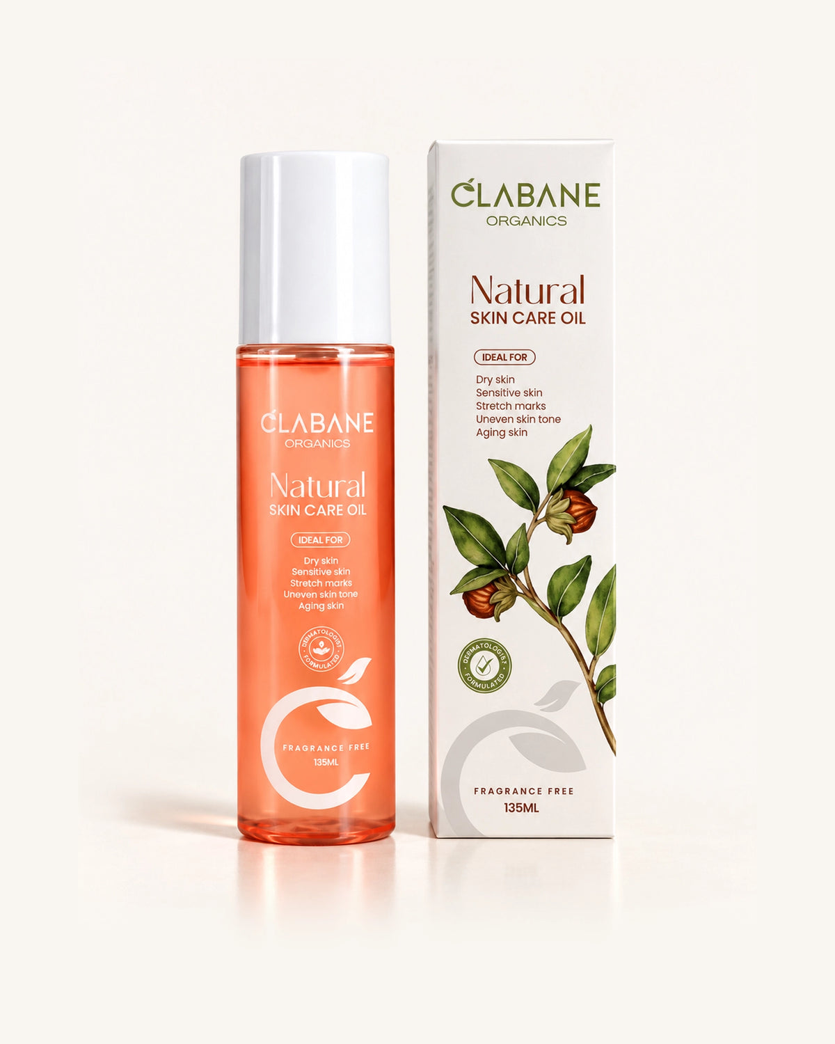 A bottle of CLABANE ORGANICS Natural Skin Care Oil next to its white packaging box, featuring a white cap and a design with green leaves and orange seed details, set against a clean off-white background.