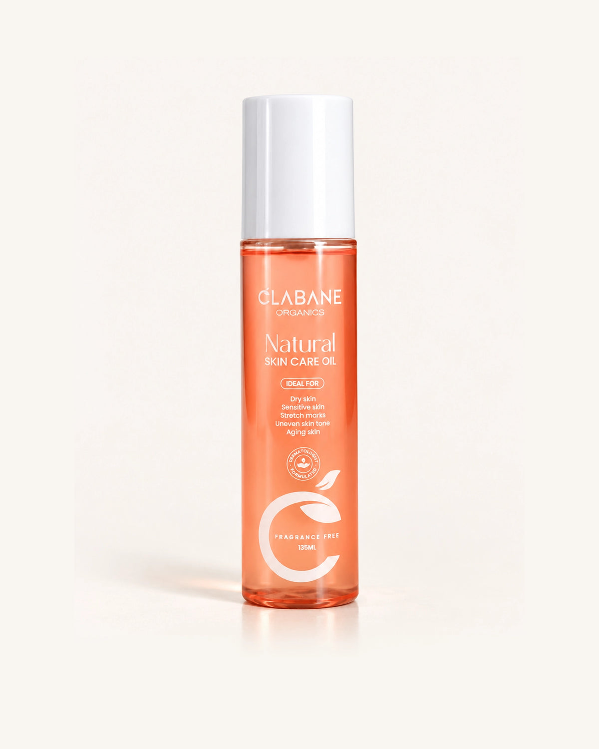 A bottle of CLABANE Organics Natural Skin Care Oil in the Orange Vibes scent, featuring a translucent orange bottle and a white cap, set against a clean off-white background.