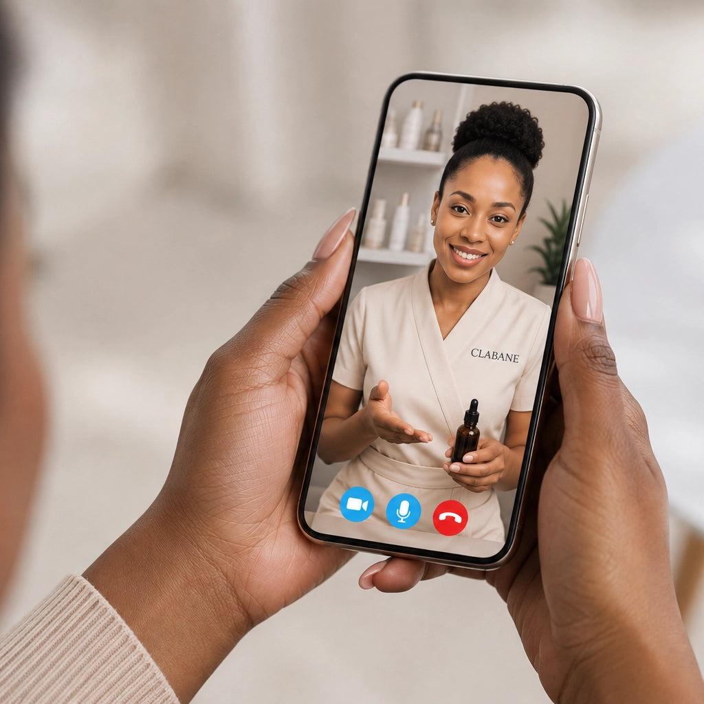 A person holds a smartphone showing a video call with a skincare nurse wearing a cream uniform with the name CLABANE visible on the screen.