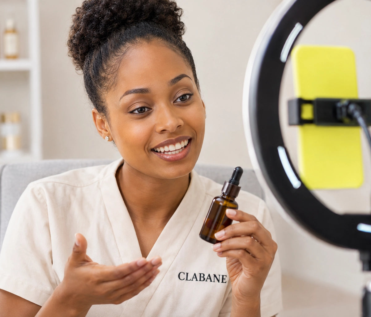 A woman in a white CLABANE scrub top holds a small amber dropper bottle while speaking into a ring light, with a blurred phone attachment visible on the right.