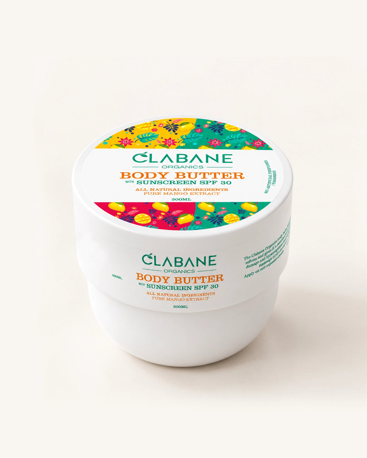 A white plastic jar of Clabane Body Butter with SPF 30, featuring a colorful floral pattern on the lid label, set against a clean off-white background.