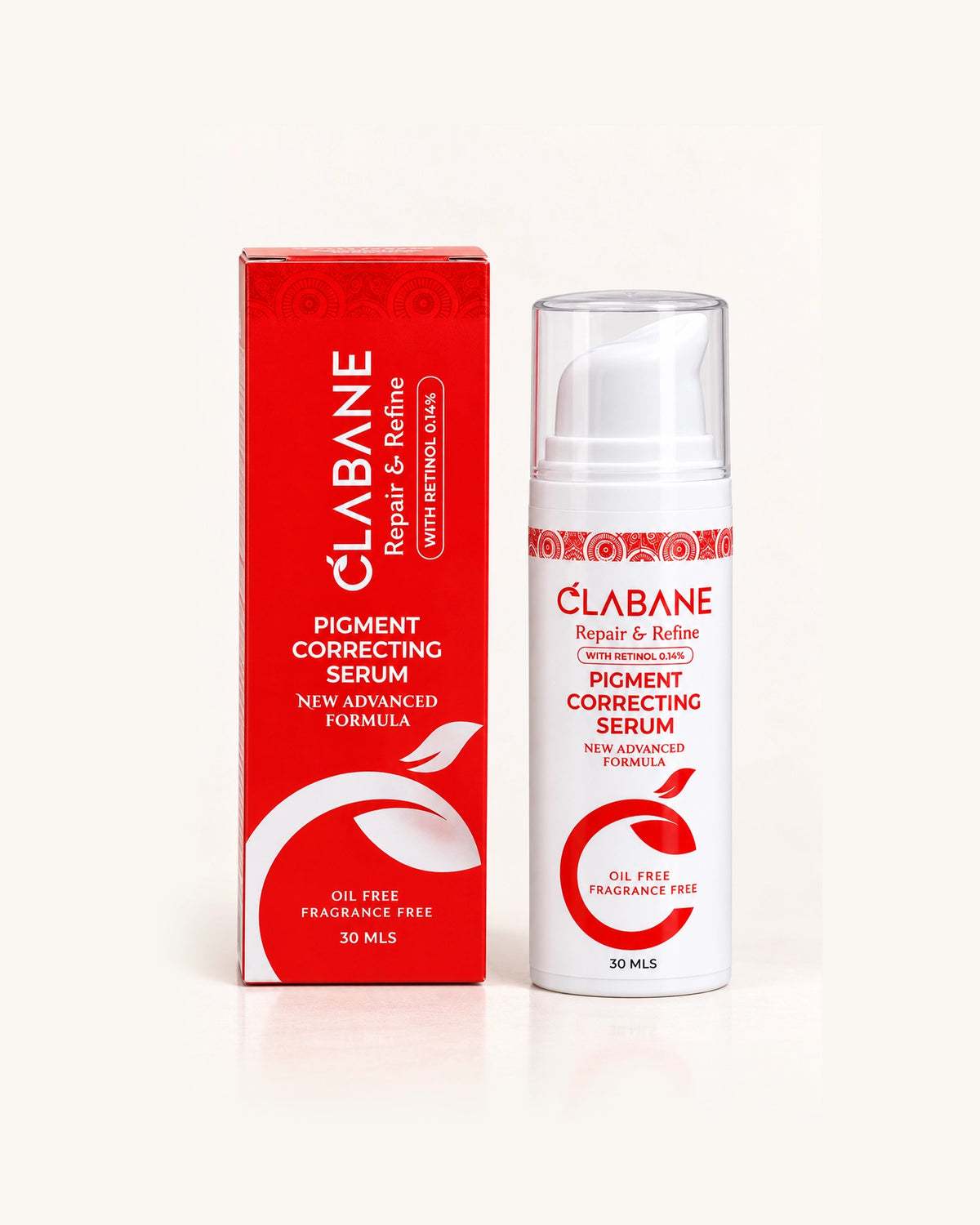Clabane Repair & Refine Pigment Correcting Serum shown with its red outer box and white pump bottle on a clean white background.