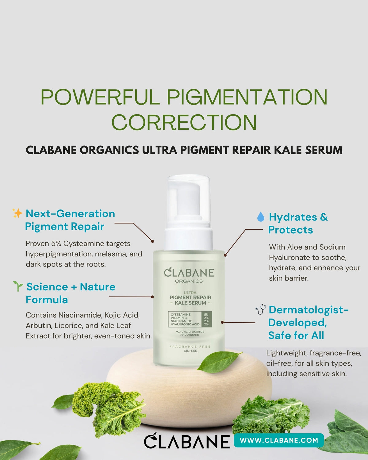 Clabane Organics Ultra Pigment Repair Kale Serum bottle centered on a light gray background with green headline text, callout callouts, and decorative leaves at the bottom.
