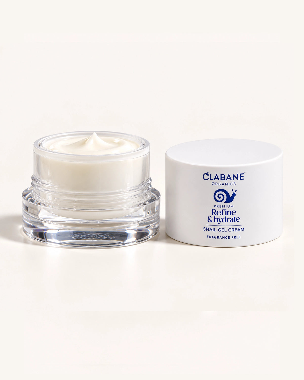 Clabane Organics Peptide Refine & Hydrate Small Gel Cream in a clear jar with white cream visible, shown next to its white lid on a clean white background.