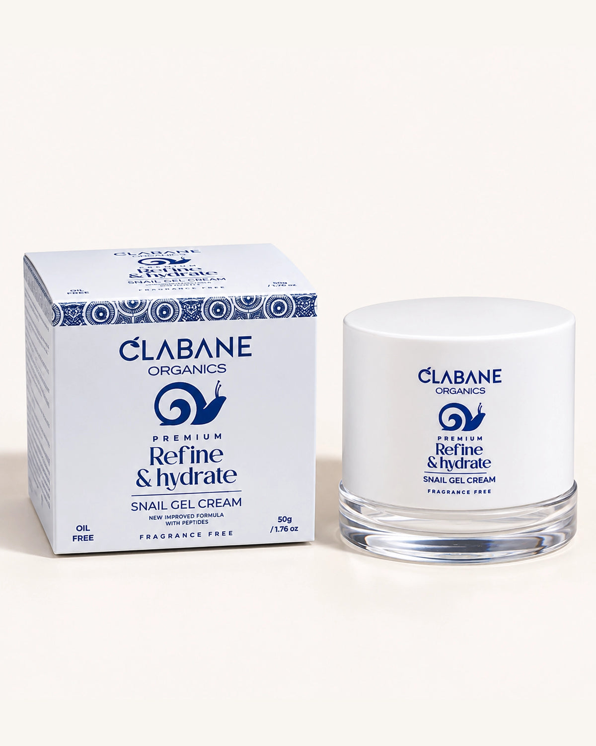 Clabane Organics Premium Refine & hydrate Snail Gel Cream shown next to its white and blue packaging box on a clean, light beige background.
