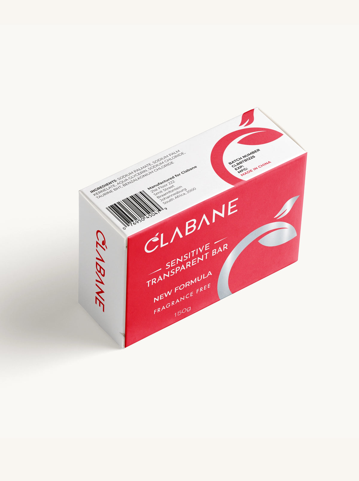 A boxed soap bar product labeled CLABANE SENSITIVE TRANSPARENT BAR, shown in a red and white box on a clean off-white studio background.