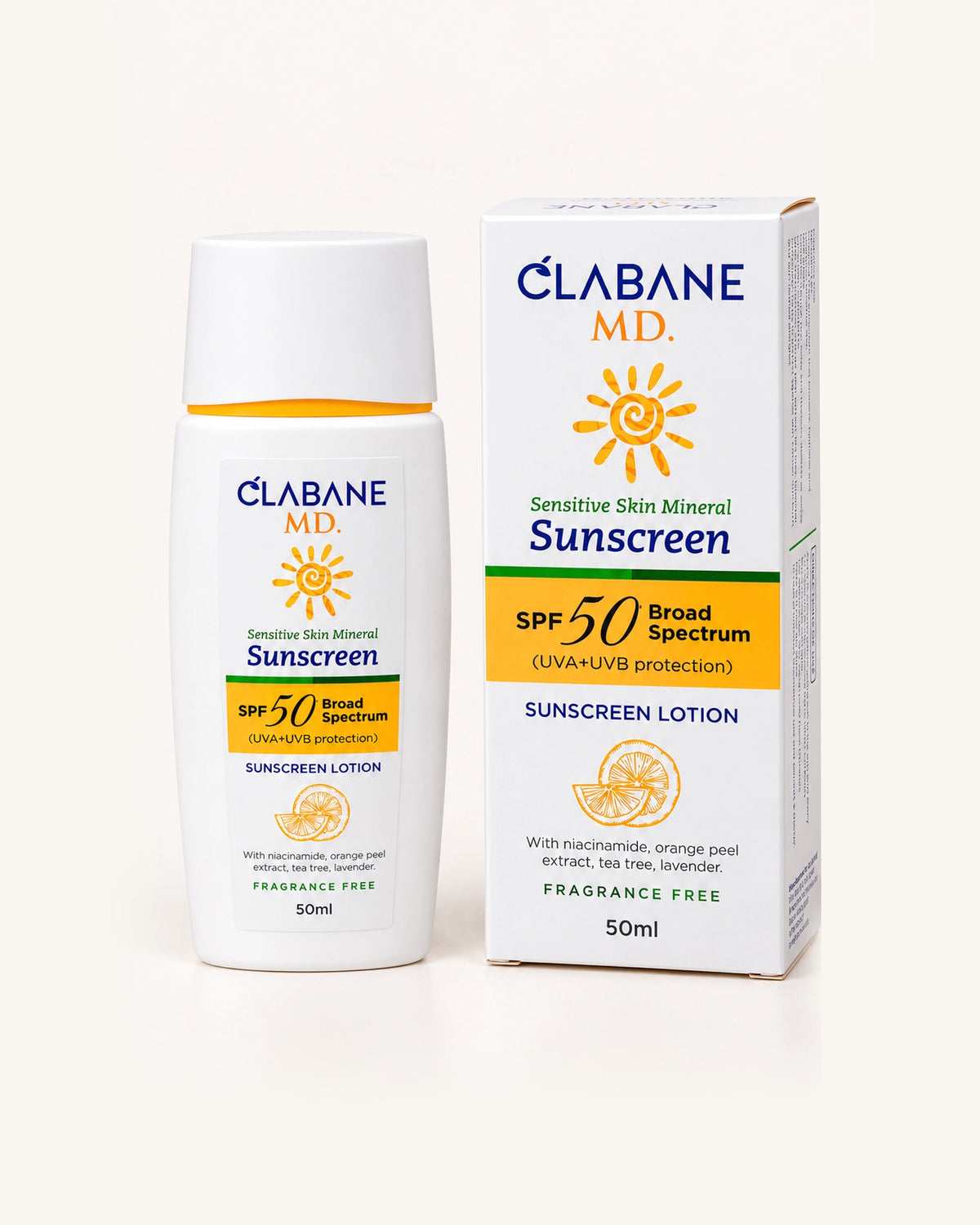 A bottle and box of Clabane MD Sensitive Skin Mineral Sunscreen SPF 50, shown on a clean white background.