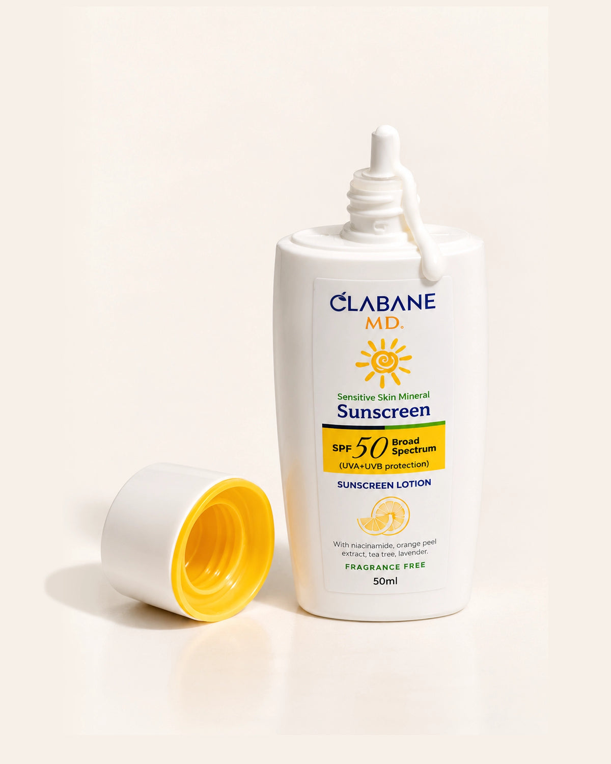 A 50ml bottle of Clabane MD sunscreen lotion with its cap off and lying beside it on a clean, light beige background.