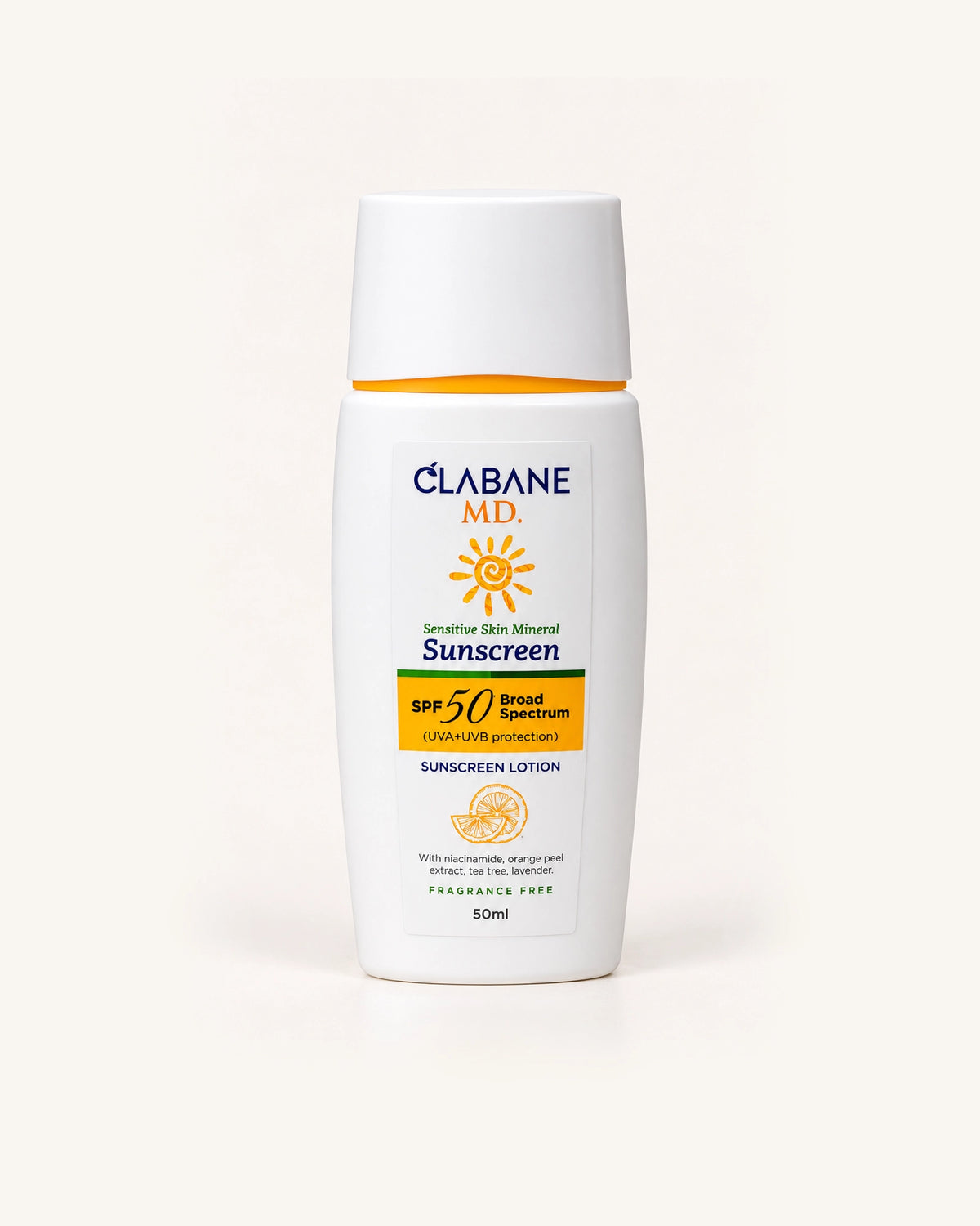 A 50ml white bottle of Clabane MD sunscreen lotion with SPF 50 Broad Spectrum, featuring a white cap and a label with blue, yellow, and orange text and graphics, set against a clean off-white background.